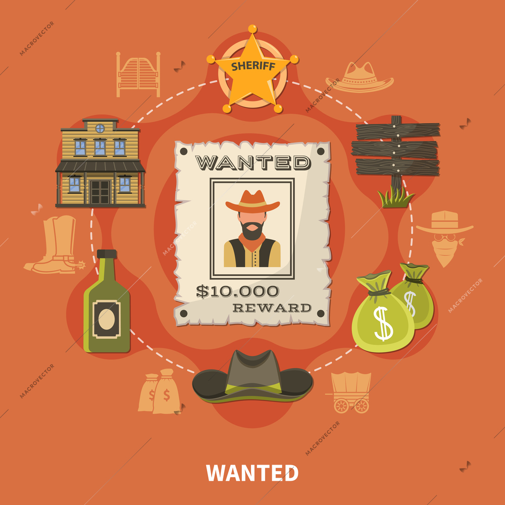 Wanted person, bearded cowboy, round composition with sheriffs badge, money bags, alcohol on terracotta background vector illustration