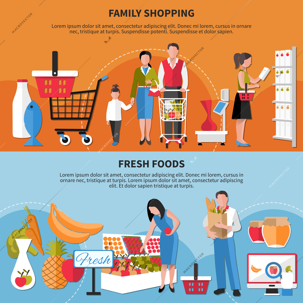 Set of horizontal banners with family shopping, fresh foods isolated on orange and blue background vector illustration