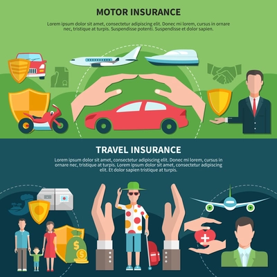 Set of horizontal banners with travel and transport insurance including airplanes and boats isolated vector illustration
