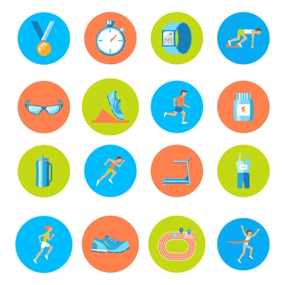 Running race sport activity round buttons icons set isolated vector illustration