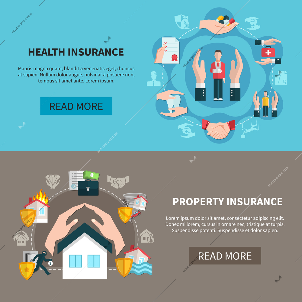 Horizontal banners with insurance of medical care and property against fire, theft and flood isolated vector illustration