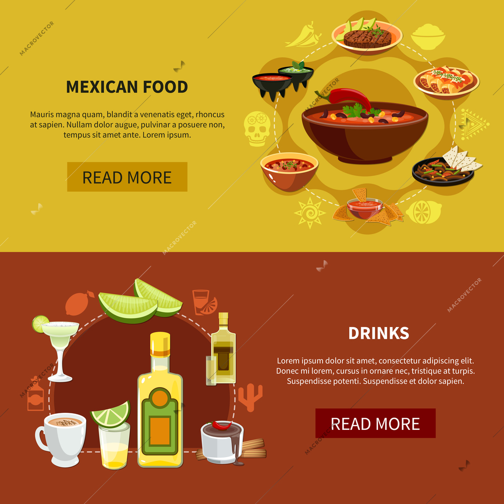 Set of horizontal banners with mexican food and drinks on maroon and sand background isolated vector illustration