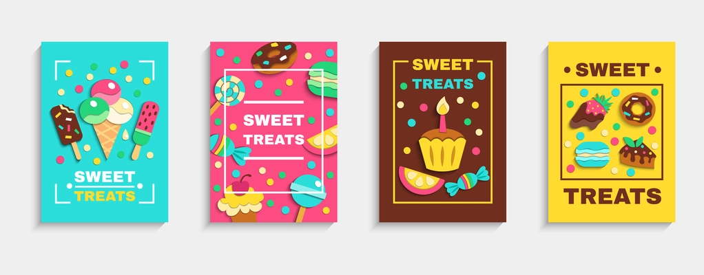 Sweet baked desserts ice cream candies party treats 4 colorful confectionery advertisement posters set isolated vector illustration