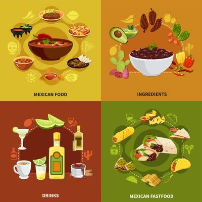 Mexican food design concept with ingredients for traditional dishes, national sandwiches and snacks, drinks isolated vector illustration