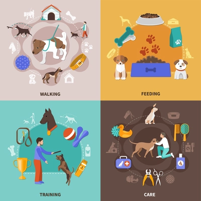 Dogs design concept with four square compositions of pet and human characters toys awards and veterinary vector illustration