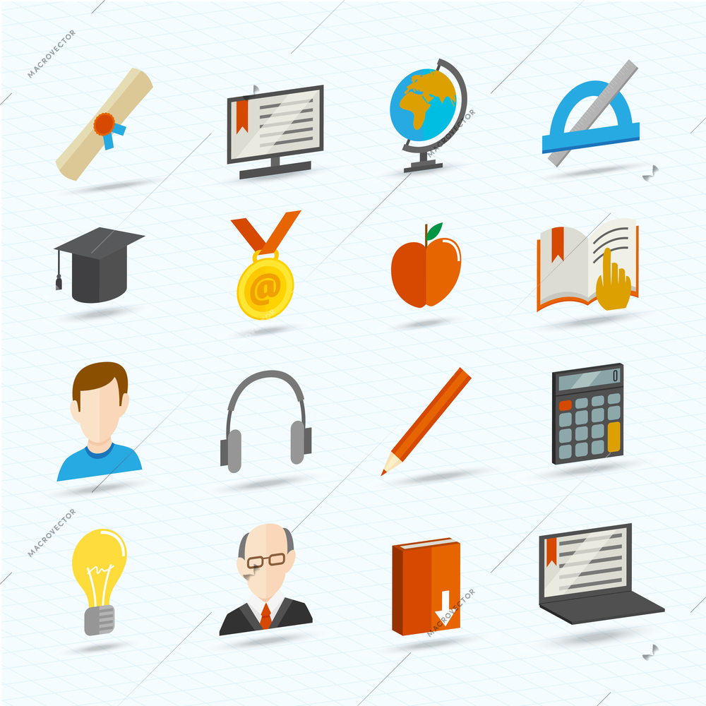 Education school university e-learning flat icons set isolated vector illustration