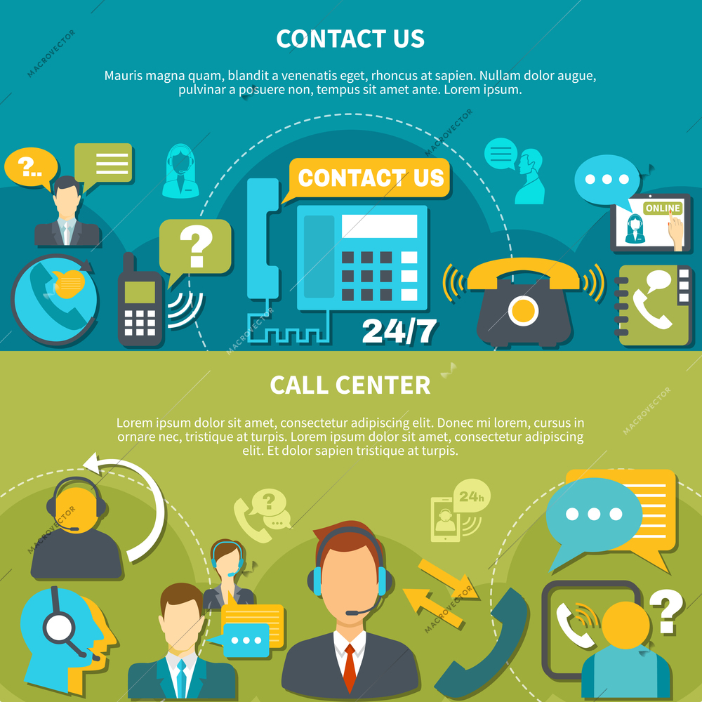 Horizontal banners with call center and contact us isolated on turquoise and green background vector illustration