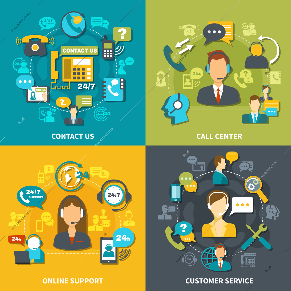 Call center design concept with customer service, online support 24/7, contact us isolated vector illustration