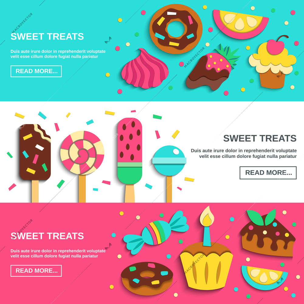 Sweets candies donuts lollies kids party funny treats 3 flat horizontal banners confectionery webpage design vector illustration