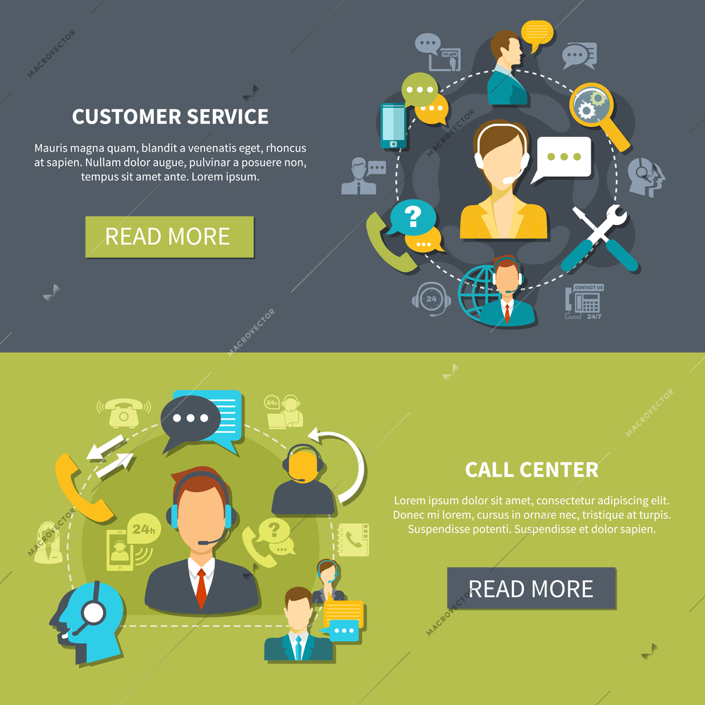 Horizontal banners on black green background with customer support service and call center isolated vector illustration