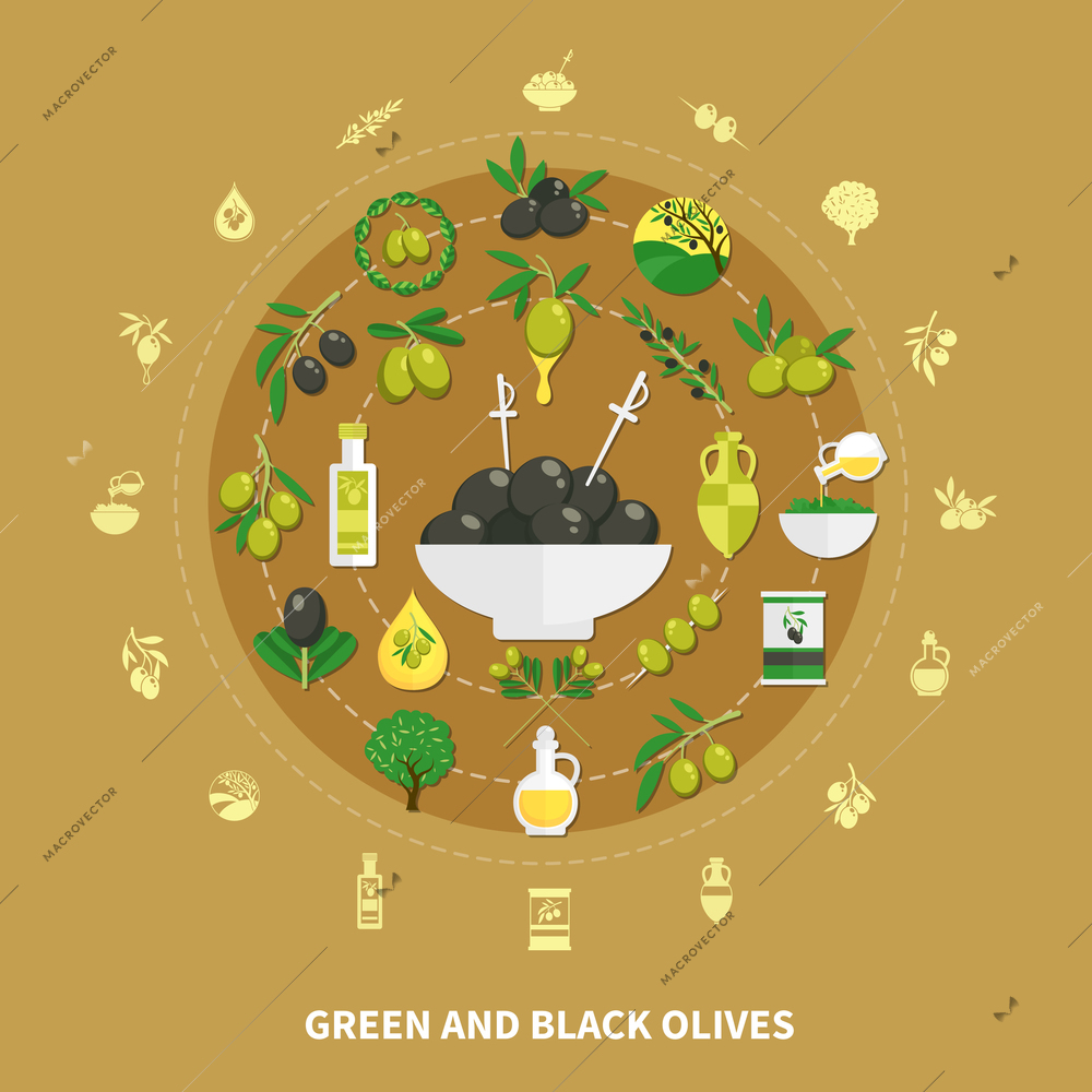 Green and black olives round composition on sand background with decorations, canned food and oil vector illustration