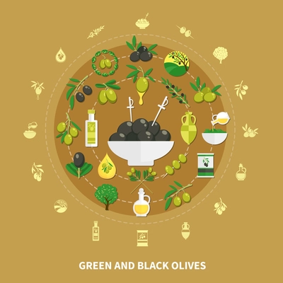 Green and black olives round composition on sand background with decorations, canned food and oil vector illustration