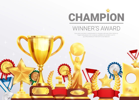 Sport competitions winners awards realistic composition poster with gold silver bronze medals and championship cup vector illustration