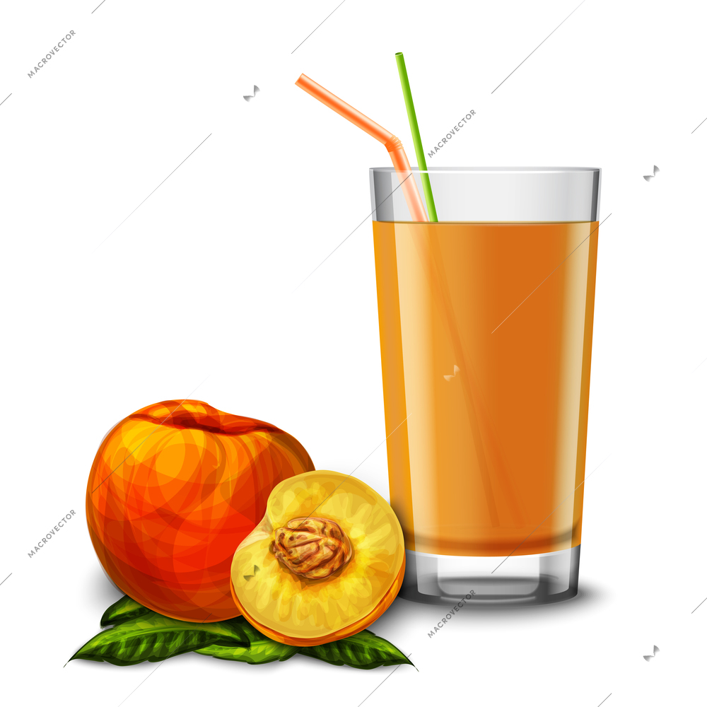 Realistic glass full of juice with cocktail straw and peach fruit isolated on white background vector illustration