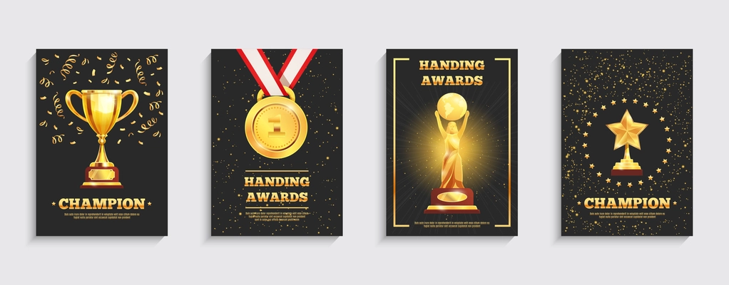 Championship winner trophy gold medal award symbol  4 realistic festive black background posters collection isolated vector illustration