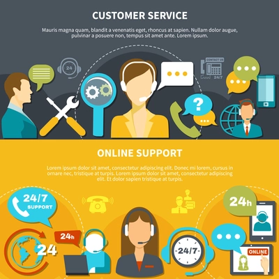 Set of horizontal banners on black yellow background with customer service and online support isolated vector illustration