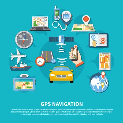 Navigation background with composition of flat conceptual global positioning system images of devices and vehicles with text vector illustration