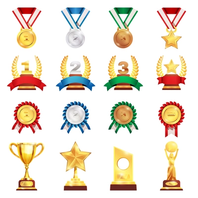 Sport trophies festival awards collection with gold silver bronze medals and football championship cup isolated vector illustration