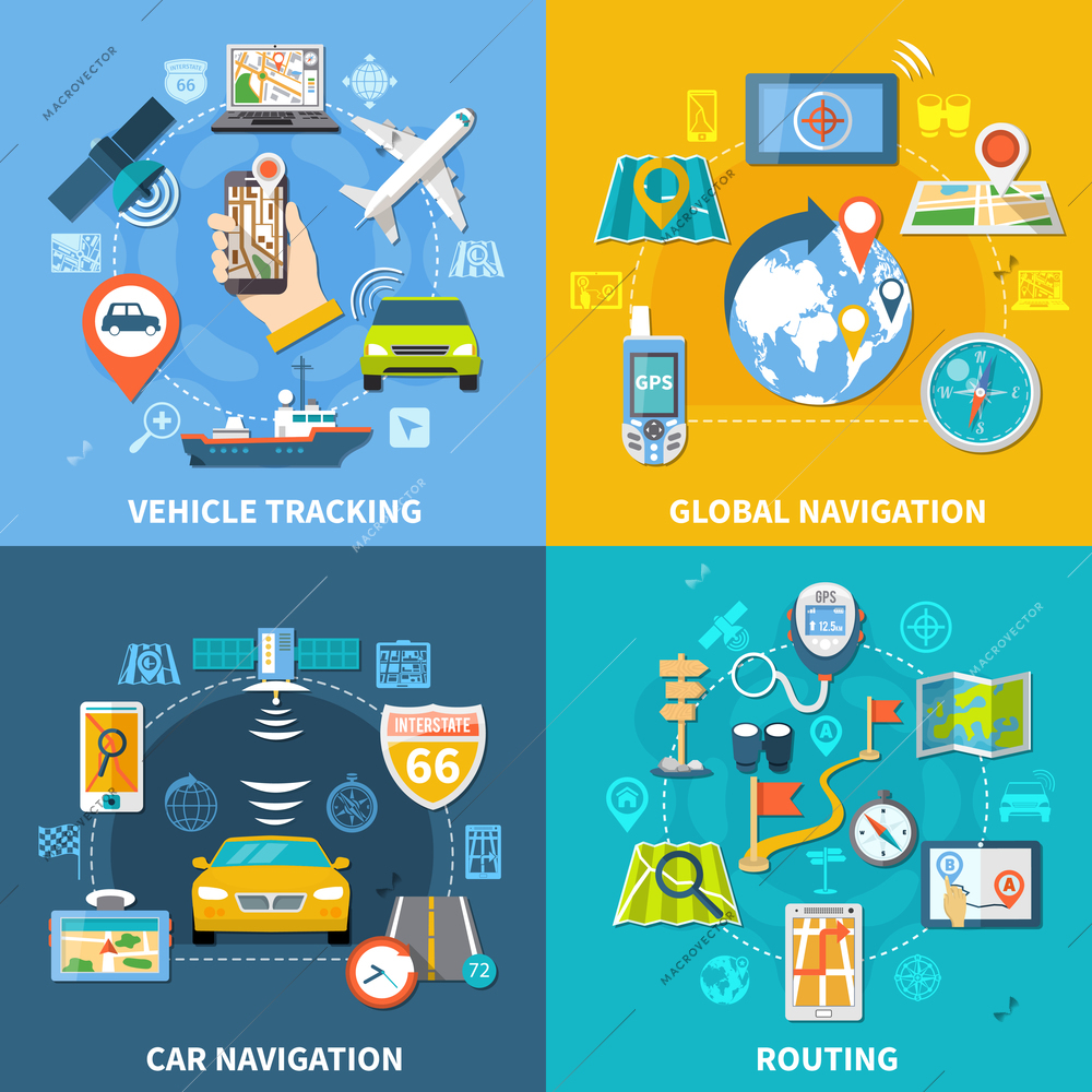 Navigation design concept with four compositions flat pictograms and icons with signboards gps satellites and gadgets vector illustration