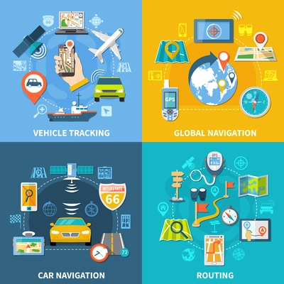 Navigation design concept with four compositions flat pictograms and icons with signboards gps satellites and gadgets vector illustration