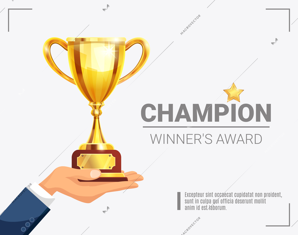 Sport major event winner champion award presentation shining with golden trophy in hand with lettering vector illustration