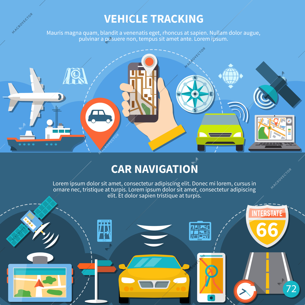 Navigation set of two banners with editable text and flat icons representing carrier vehicles and navigators vector illustration