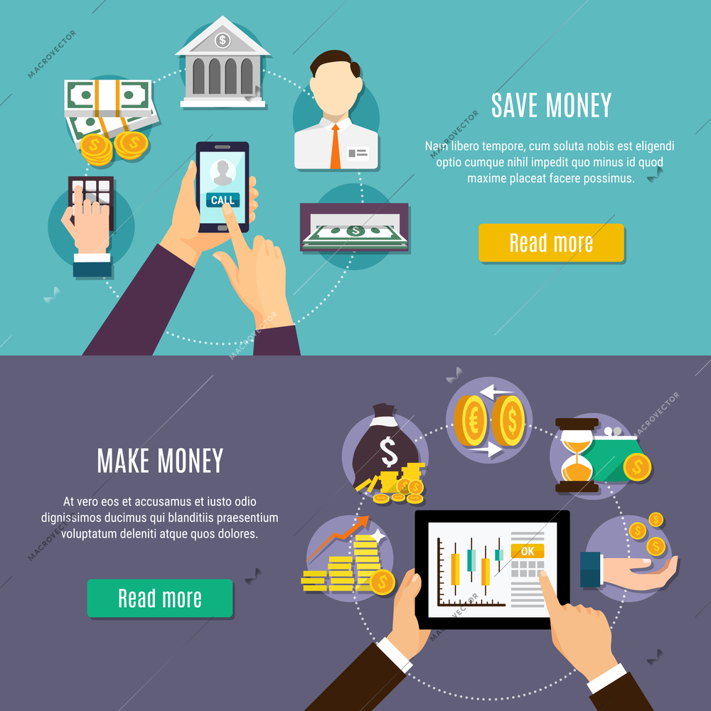 Money flat colored banner set with save and make money headlines and read more buttons vector illustration