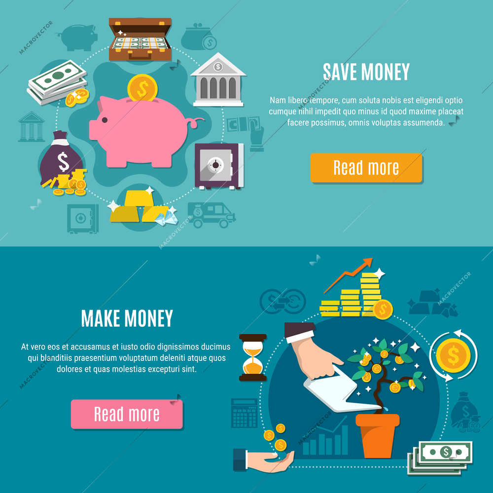 Money horizontal and flat banner set with save and make money descriptions and read more buttons vector illustration