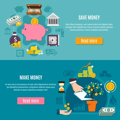 Money horizontal and flat banner set with save and make money descriptions and read more buttons vector illustration