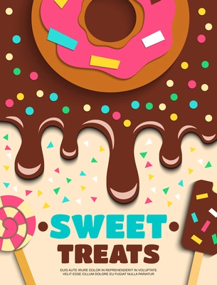 Sweet baked goods for party dessert course appetizing confectionery advertisement poster with donut chocolate frosting vector illustration