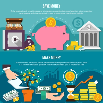 Money flat composition set with save and make money headlines and flat elements vector illustration