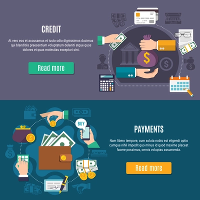 Two horizontal money flat colored banner set with credit and payment headlines and read more button vector illustration