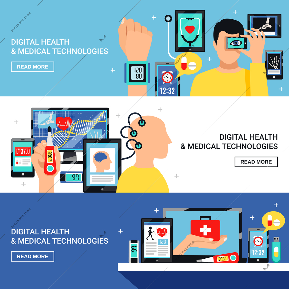 Digital health and innovative medical technology electronic devices 3 flat horizontal banners webpage design isolated vector illustration