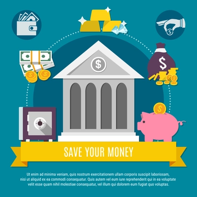 Money flat flyer with save your money description on the yellow ribbon and bank vector illustration