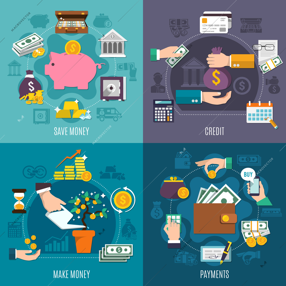 Money flat icon set with credit save make money and payments descriptions vector illustration