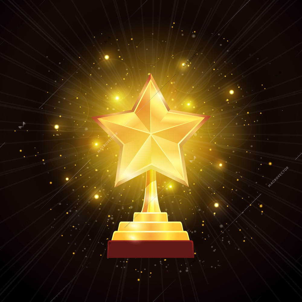 Winner glowing gold star trophy award with hazy halo of lights on black background realistic vector illustration