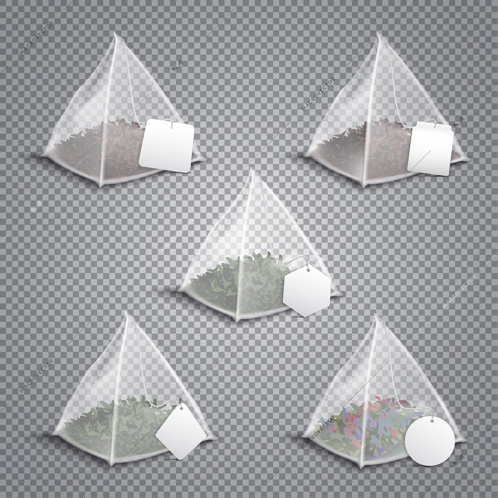 Silky nylon pyramid realistic tea bags collection with various shaped white blank tags transparent background vector illustration