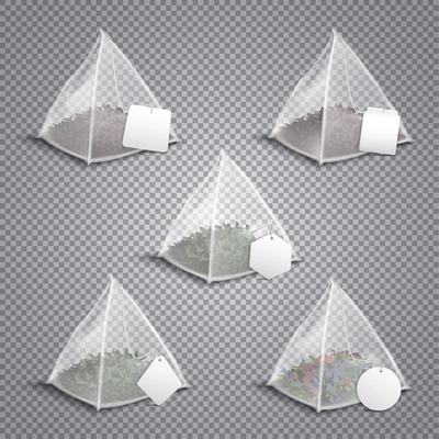 Silky nylon pyramid realistic tea bags collection with various shaped white blank tags transparent background vector illustration