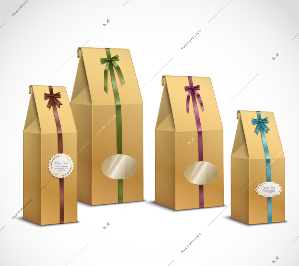 Brown kraft paper tea bags and leaves bulk retail catering and gift packages realistic collection vector illustration