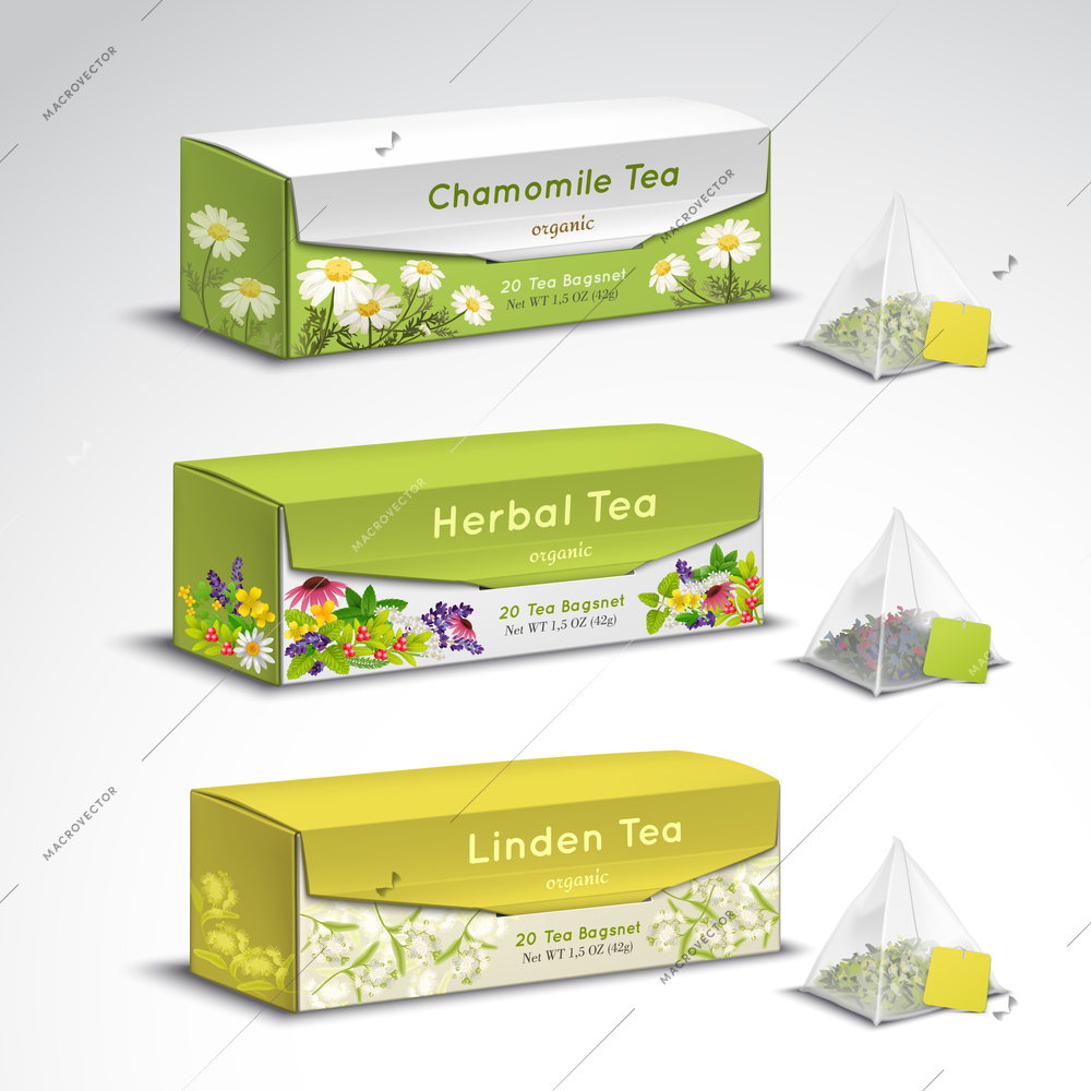 Exquisite organic herbal tea blends pyramid teabags box packages realistic set with chamomile lavender flavors vector illustration