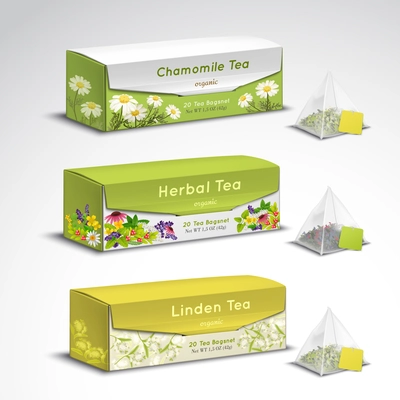 Exquisite organic herbal tea blends pyramid teabags box packages realistic set with chamomile lavender flavors vector illustration