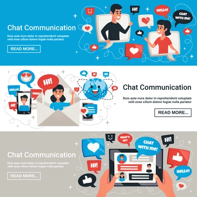 Dynamic interactive communication chat messages symbols with electronic mobile devices 3 horizontal banners design isolated vector illustration