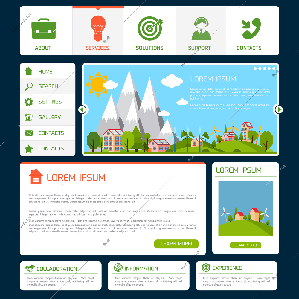 Eco green energy nature web site design template with navigation buttons vector illustration