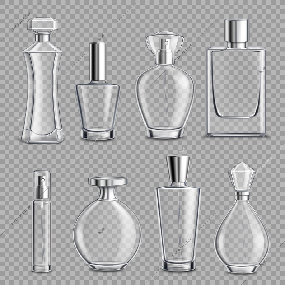 Perfume glass bottles various shapes and caps clear colorless realistic set on transparent background isolated vector illustration