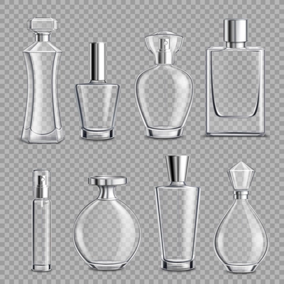 Perfume glass bottles various shapes and caps clear colorless realistic set on transparent background isolated vector illustration