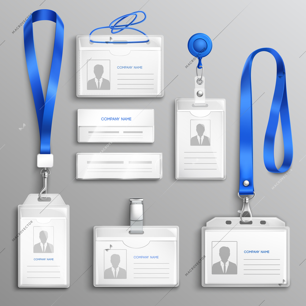 Clear plastic badges id cards holders collection with blue neck lanyards and retractable reel clip realistic vector illustration