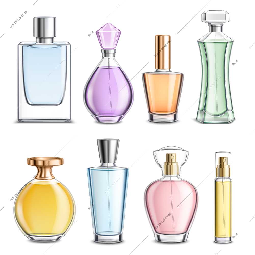 Perfume glass bottles various shapes caps and color 3d  realistic set on white background isolated vector illustration