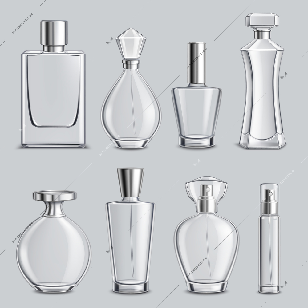 Perfume glass bottles various shapes and caps clear colorless realistic set light grey background isolated vector illustration