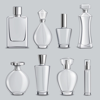 Perfume glass bottles various shapes and caps clear colorless realistic set light grey background isolated vector illustration