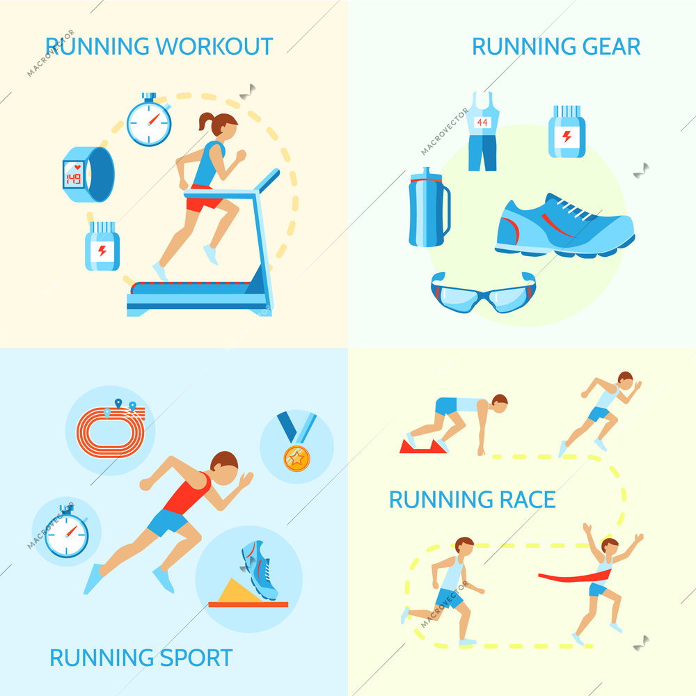 Running jogging composition of workout gear sport race icons isolated vector illustration